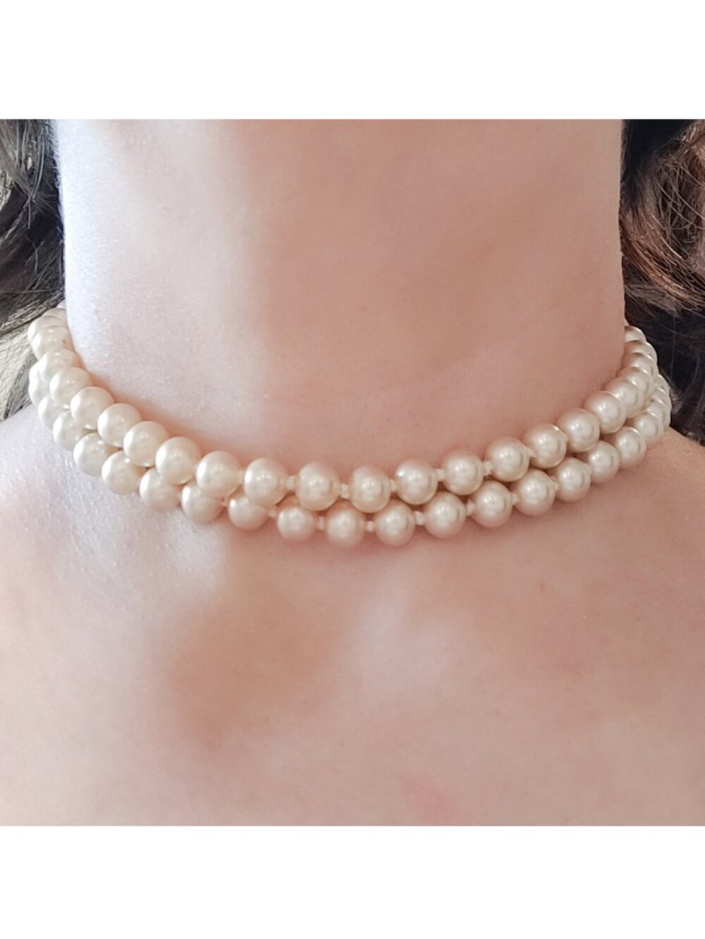 Vintage Japan 2 Strand Faux Pearl Necklace Collar Glass Pot Metal Rhinestones
